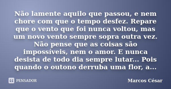 Não lamente aquilo que passou, e nem chore com que o tempo desfez. Repare que o vento que foi nunca voltou, mas um novo vento sempre sopra outra vez. Não pense ... Frase de Marcos César.