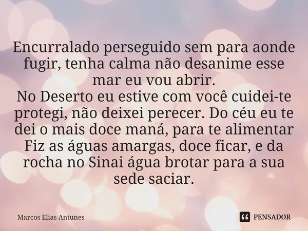 ⁠Encurralado perseguido sem para aonde fugir, tenha calma não desanime esse mar eu vou abrir.
No Deserto eu estive com você cuidei-te protegi, não deixei perece... Frase de Marcos Elias Antunes.