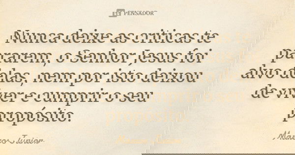 Nunca deixe as criticas te pararem, o Senhor Jesus foi alvo delas, nem por isto deixou de viver e cumprir o seu propósito.... Frase de Marcos Júnior.