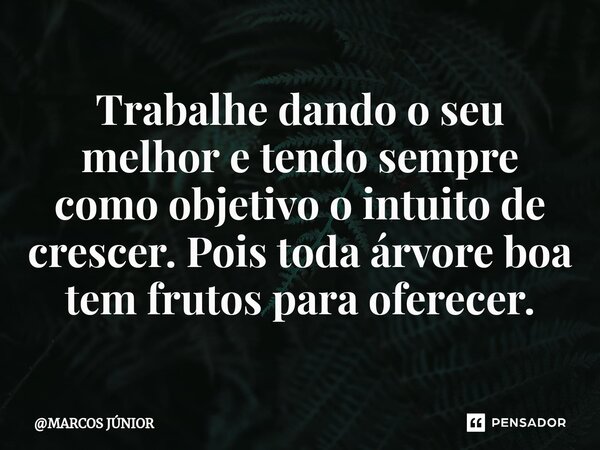 ⁠Trabalhe dando o seu melhor e tendo sempre como objetivo o intuito de crescer. Pois toda árvore boa tem frutos para oferecer.... Frase de MARCOS JÚNIOR.