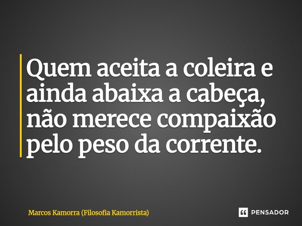Quem aceita a coleira e ainda abaixa a cabeça, não merece compaixão pelo peso da corrente.... Frase de Marcos Kamorra (Filosofia Kamorrista).