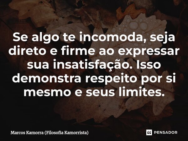 ⁠Se algo te incomoda, seja direto e firme ao expressar sua insatisfação. Isso demonstra respeito por si mesmo e seus limites.... Frase de Marcos Kamorra (Filosofia Kamorrista).