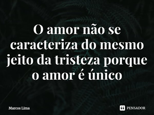 ⁠O amor não se caracteriza do mesmo jeito da tristeza porque o amor é único... Frase de Marcos Lima.
