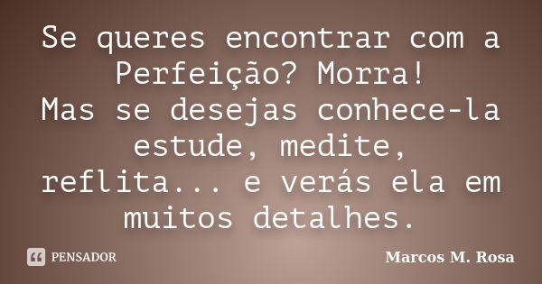 Se queres encontrar com a Perfeição? Morra! Mas se desejas conhece-la estude, medite, reflita... e verás ela em muitos detalhes.... Frase de Marcos M. Rosa.