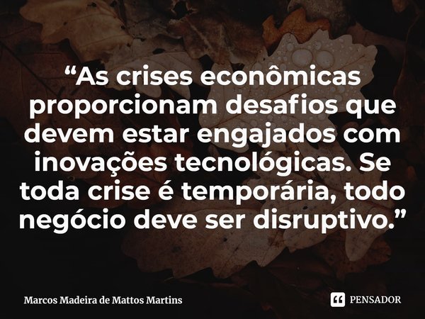 ⁠“As crises econômicas proporcionam desafios que devem estar engajados com inovações tecnológicas. Se toda crise é temporária, todo negócio deve ser disruptivo.... Frase de Marcos Madeira de Mattos Martins.