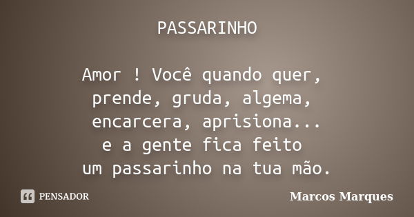 PASSARINHO Amor ! Você quando quer, prende, gruda, algema, encarcera, aprisiona... e a gente fica feito um passarinho na tua mão.... Frase de Marcos Marques.