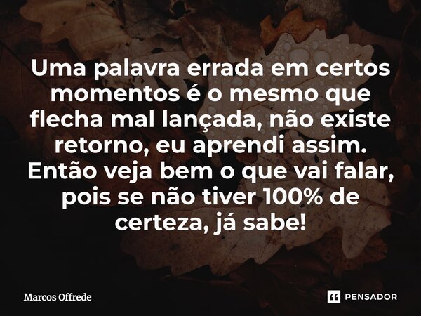 ⁠⁠Uma palavra errada em certos momentos é o mesmo que flecha mal lançada, não existe retorno, eu aprendi assim. Então veja bem o que vai falar, pois se não tive... Frase de Marcos Offrede.