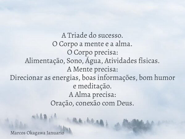 A Triade do sucesso. O Corpo a mente e a alma. O Corpo precisa: Alimentação, Sono, Água, Atividades físicas. A Mente precisa: Direcionar as energias, boas infor... Frase de Marcos Okagawa Januario.