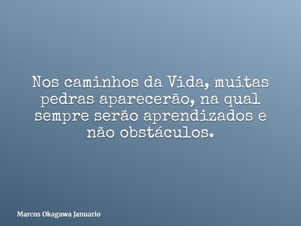 Nos caminhos da Vida, muitas pedras aparecerão, na qual sempre serão aprendizados e não obstáculos.... Frase de Marcos Okagawa Januario.