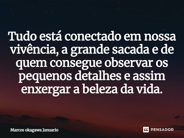 Tudo está conectado em nossa vivência, a grande sacada é de quem consegue observar os pequenos detalhes e assim enxergar a beleza da vida.... Frase de Marcos Okagawa Januario.