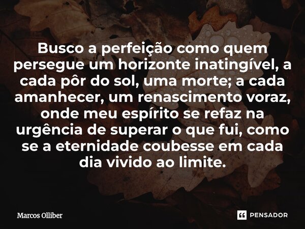 Busco a perfeição como quem persegue um horizonte inatingível, a cada pôr do sol, uma morte; a cada amanhecer, um renascimento voraz, onde meu espírito se refa... Frase de Marcos olliber.