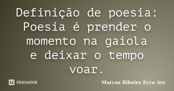 Definição de poesia: Poesia é prender o momento na gaiola e deixar o tempo voar.... Frase de Marcos Ribeiro Ecce Ars.