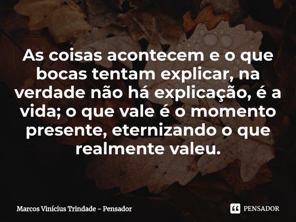 ⁠As coisas acontecem e o que bocas tentam explicar, na verdade não há explicação, é a vida; o que vale é o momento presente, eternizando o que realmente valeu.... Frase de Marcos Vinícius Trindade - Pensador.