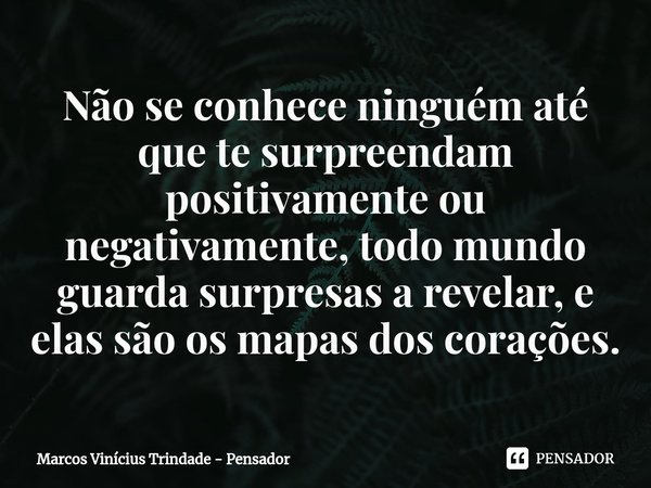 Não se conhece ninguém até que te surpreendam positivamente ou negativamente, todo mundo guarda surpresas a revelar, e elas são os mapas dos corações.... Frase de Marcos Vinícius Trindade - Pensador.