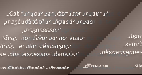 Sabe o que se faz com o que é prejudicial e impede o seu progresso? Joga fora, no lixo ou no vaso sanitário, e dar descarga; descarregue-se dos excessos banais!... Frase de Marcos Vinícius Trindade - Pensador.