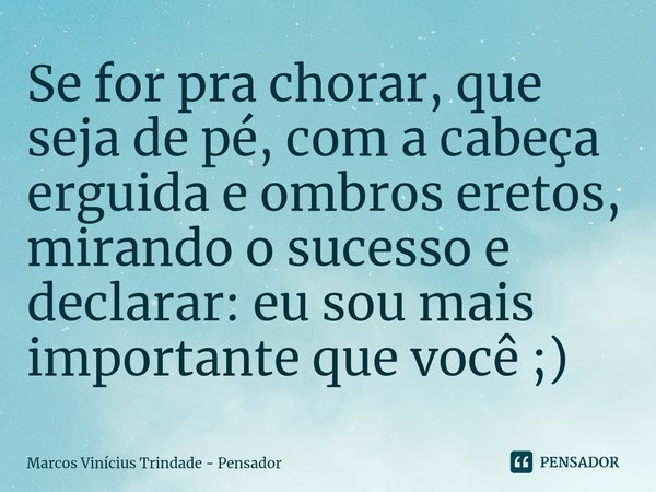 ⁠Se for pra chorar, que seja de pé, com a cabeça erguida e ombros eretos, mirando o sucesso e declarar: eu sou mais importante que você ;)... Frase de Marcos Vinícius Trindade - Pensador.