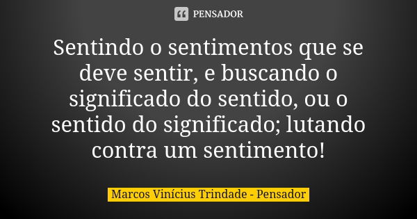 Sentindo o sentimentos que se deve sentir, e buscando o significado do sentido, ou o sentido do significado; lutando contra um sentimento!... Frase de Marcos Vinícius Trindade - Pensador.