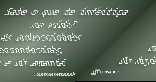 Sabe o que te infeitiça na vida? As adversidades desconhecidas, Do hoje e do amanhã.... Frase de MarcosFernando.