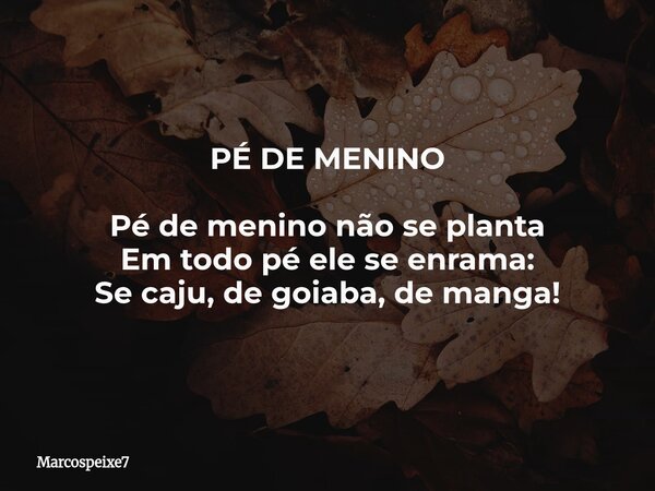 PÉ DE MENINO Pé de menino não se planta Em todo pé ele se enrama: Se caju, de goiaba, de manga!... Frase de marcospeixe7.