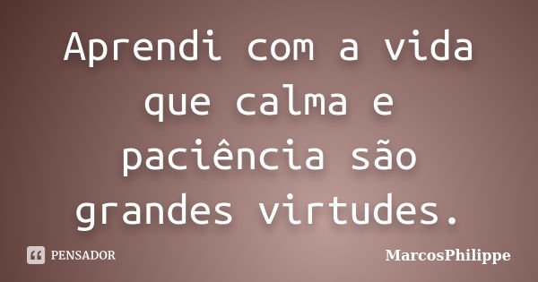 Aprendi com a vida que calma e paciência são grandes virtudes.... Frase de MarcosPhilippe.