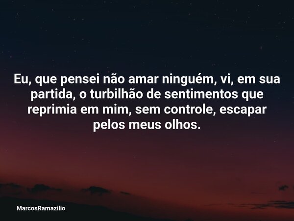 Eu, que pensei não amar ninguém, vi, em sua partida, o turbilhão de sentimentos que reprimia em mim, sem controle, escapar pelos meus olhos.... Frase de MarcosRamazilio.