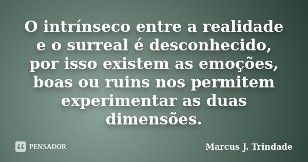 O intrínseco entre a realidade e o surreal é desconhecido, por isso existem as emoções, boas ou ruins nos permitem experimentar as duas dimensões.... Frase de Marcus J. Trindade.