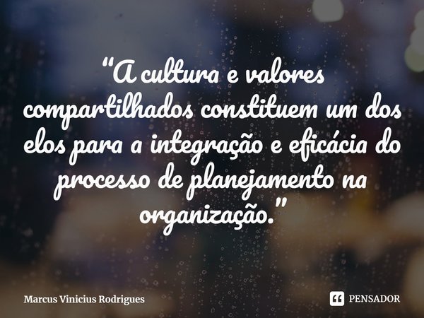 ⁠“A cultura e valores compartilhados constituem um dos elos para a integração e eficácia do processo de planejamento na organização.”... Frase de Marcus Vinicius Rodrigues.