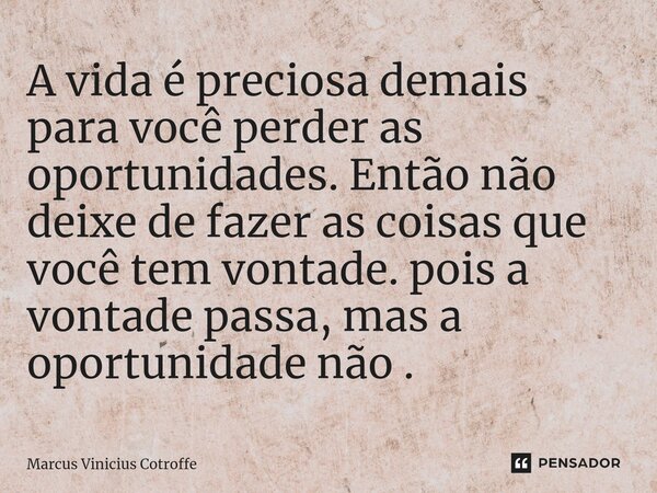 ⁠A vida é preciosa demais para você perder as oportunidades. Então não deixe de fazer as coisas que você tem vontade. pois a vontade passa, mas a oportunidade n... Frase de Marcus Vinicius Cotroffe.