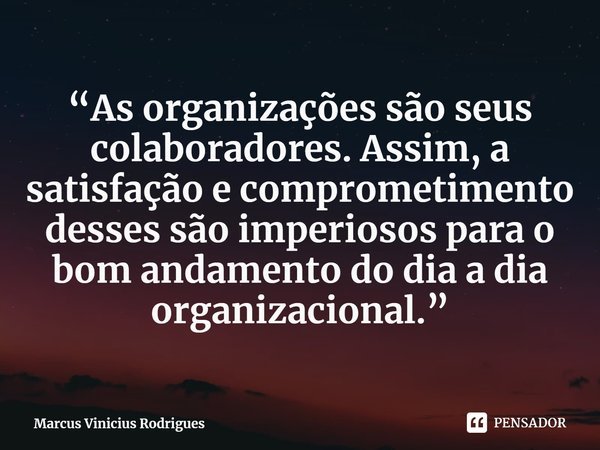 ⁠“As organizações são seus colaboradores. Assim, a satisfação e comprometimento desses são imperiosos para o bom andamento do dia a dia organizacional.”... Frase de Marcus Vinicius Rodrigues.