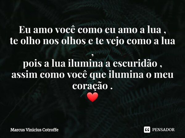 ⁠Eu amo você como eu amo a lua , te olho nos olhos e te vejo como a lua , pois a lua ilumina a escuridão , assim como você que ilumina o meu coração . ❤️... Frase de Marcus Vinicius Cotroffe.