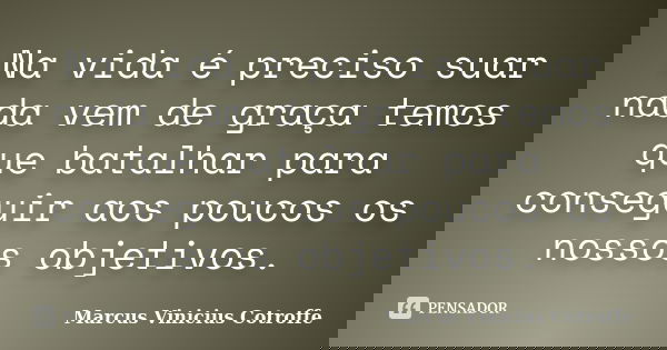 Na vida é preciso suar nada vem de graça temos que batalhar para conseguir aos poucos os nossos objetivos.... Frase de Marcus Vinicius Cotroffe.