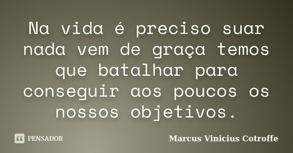 Na vida é preciso suar nada vem de graça temos que batalhar para conseguir aos poucos os nossos objetivos.... Frase de Marcus Vinicius Cotroffe.