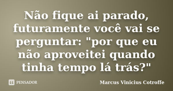 Não fique ai parado, futuramente você vai se perguntar: "por que eu não aproveitei quando tinha tempo lá trás?"... Frase de Marcus Vinicius Cotroffe.