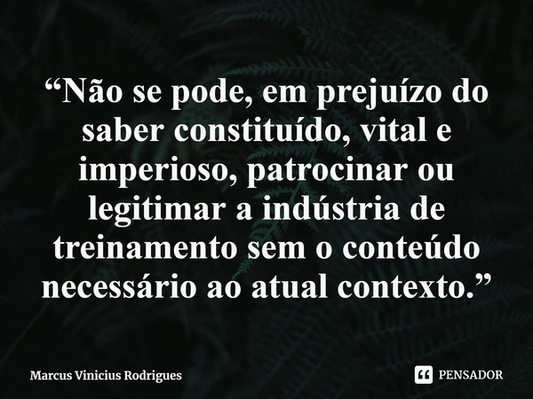 ⁠“Não se pode, em prejuízo do saber constituído, vital e imperioso, patrocinar ou legitimar a indústria de treinamento sem o conteúdo necessário ao atual contex... Frase de Marcus Vinicius Rodrigues.
