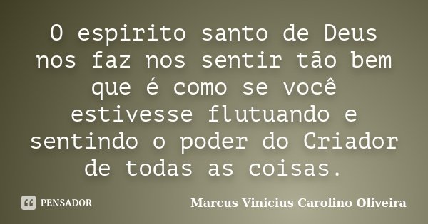 O espirito santo de Deus nos faz nos sentir tão bem que é como se você estivesse flutuando e sentindo o poder do Criador de todas as coisas.... Frase de Marcus Vinicius Carolino Oliveira.