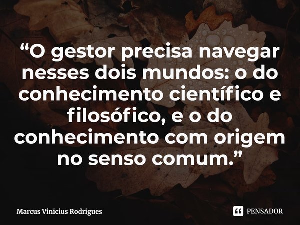 ⁠“O gestor precisa navegar nesses dois mundos: o do conhecimento científico e filosófico, e o do conhecimento com origem no senso comum.”... Frase de Marcus Vinicius Rodrigues.
