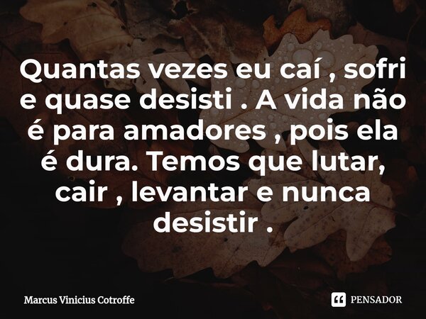 ⁠Quantas vezes eu caí , sofri e quase desisti . A vida não é para amadores , pois ela é dura. Temos que lutar, cair , levantar e nunca desistir .... Frase de Marcus Vinicius Cotroffe.