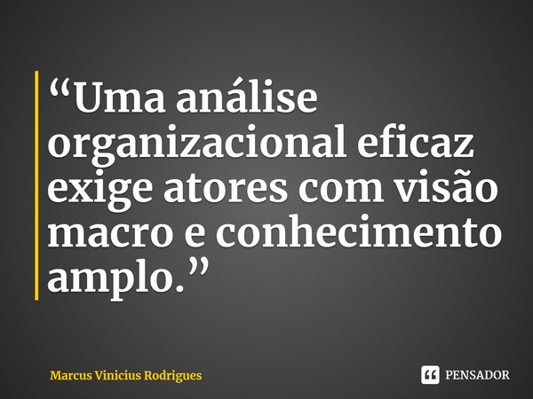 ⁠“Uma análise organizacional eficaz exige atores com visão macro e conhecimento amplo.”... Frase de Marcus Vinicius Rodrigues.