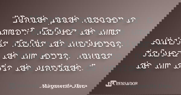 "Donde pode nascer o amor? Talvez de uma súbita falha do universo, talvez de um erro, nunca de um ato de vontade."... Frase de Marguerite Dura.