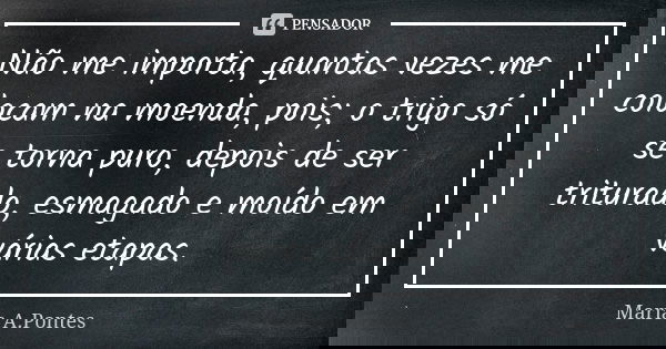 Não me importa, quantas vezes me colocam na moenda, pois; o trigo só se torna puro, depois de ser triturado, esmagado e moído em várias etapas.... Frase de Maria A. Pontes.