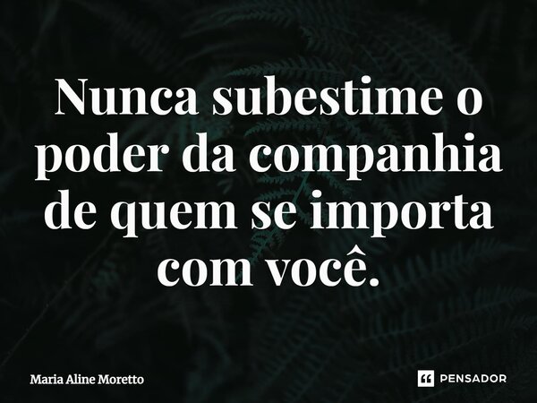 ⁠Nunca subestime o poder da companhia de quem se importa com você.... Frase de Maria Aline Moretto.