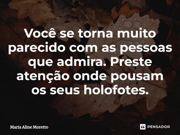 ⁠Você se torna muito parecido com as pessoas que admira. Preste atenção onde pousam os seus holofotes.... Frase de Maria Aline Moretto.