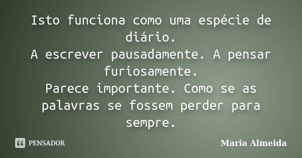 Isto funciona como uma espécie de diário. A escrever pausadamente. A pensar furiosamente. Parece importante. Como se as palavras se fossem perder para sempre.... Frase de Maria Almeida.