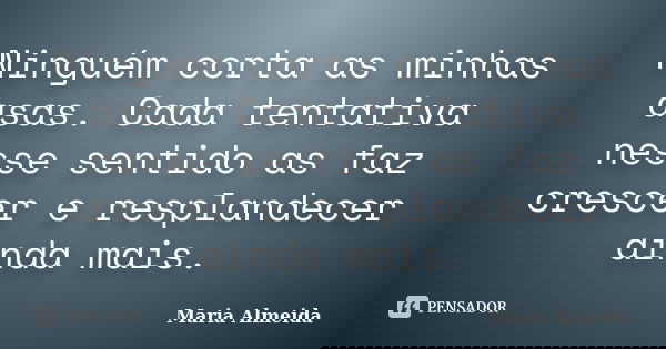 Ninguém corta as minhas asas. Cada tentativa nesse sentido as faz crescer e resplandecer ainda mais.... Frase de Maria Almeida.