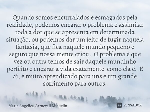 Quando somos encurralados e esmagados pela realidade, podemos encarar o problema e assimilar toda a dor que se apresenta em determinada situação, ou podemos dar... Frase de Maria Angélica Carnevali Miquelin.