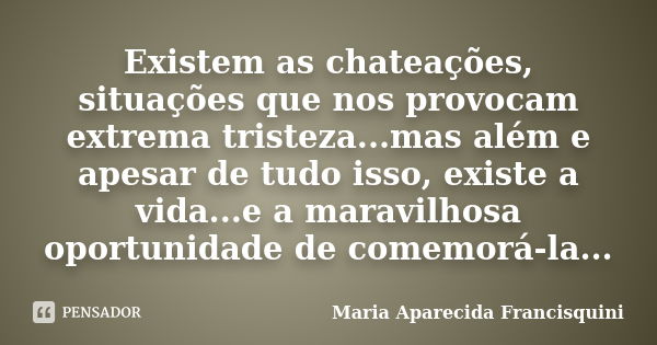 Existem as chateações, situações que nos provocam extrema tristeza...mas além e apesar de tudo isso, existe a vida...e a maravilhosa oportunidade de comemorá-la... Frase de Maria Aparecida Francisquini.