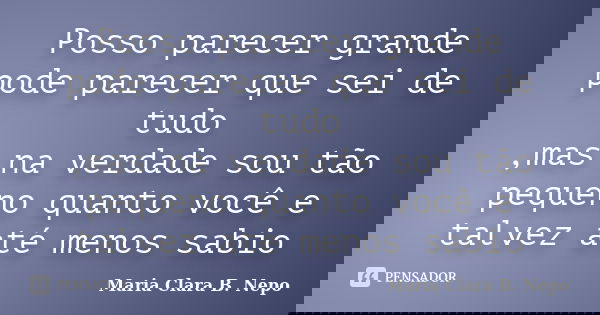 Posso parecer grande pode parecer que sei de tudo ,mas na verdade sou tão pequeno quanto você e talvez até menos sabio... Frase de Maria Clara B. Nepo.