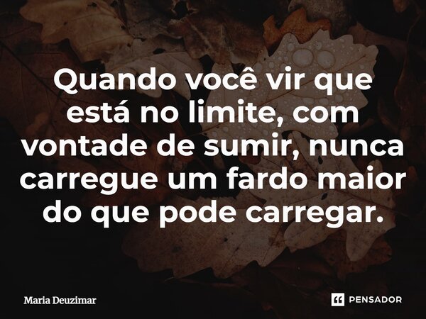 Quando você vir que está no limite, com vontade de sumir, nunca carregue um fardo maior do que pode carregar.... Frase de Maria Deuzimar.