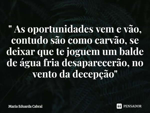 " As oportunidades vem e vão, contudo são como carvão, se deixar que te joguem um balde de água fria desaparecerão, no vento da decepção"⁠... Frase de Maria Eduarda Cabral.