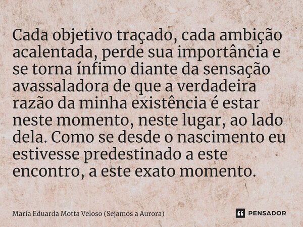 ⁠Cada objetivo traçado, cada ambição acalentada, perde sua importância e se torna ínfimo diante da sensação avassaladora de que a verdadeira razão da minha exis... Frase de Maria Eduarda Motta Veloso (Sejamos a Aurora).